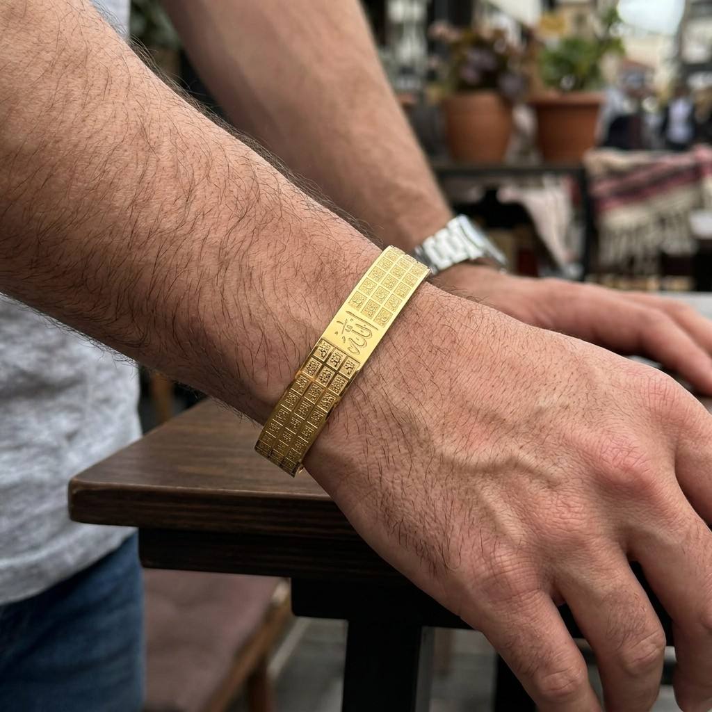 Man wearing CIGAONI gold Asma-ul-Husna open cuff bangle with 99 Names of Allah engraving - Islamic men's jewelry