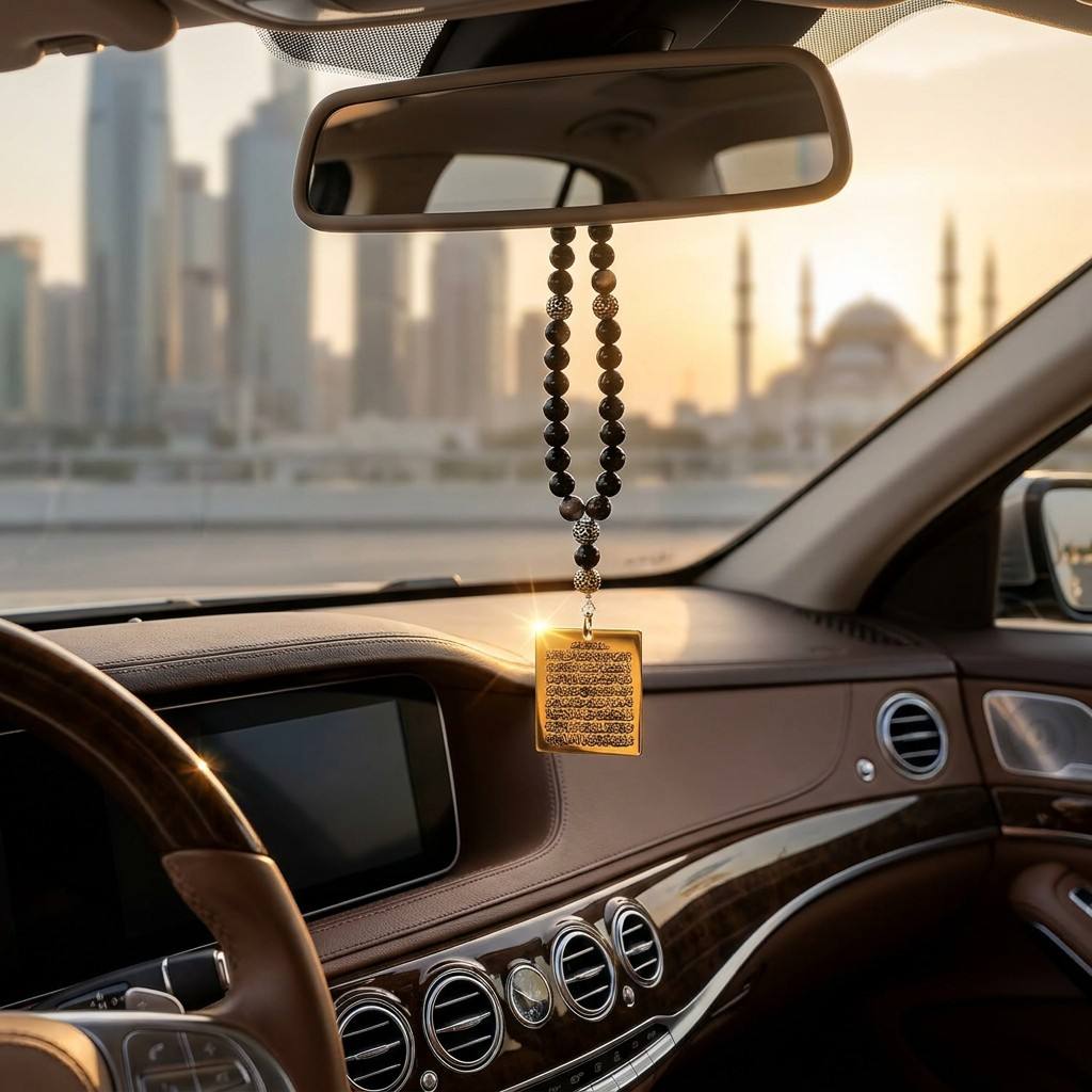 Premium Ayatul Kursi car hanging accessory in a luxury car interior - Spiritual protection and peace for Muslim travelers by Cigaoni

