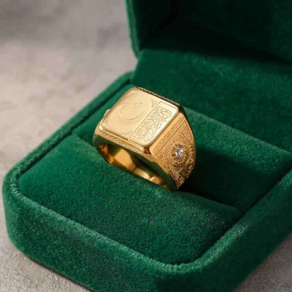 CIGAONI Sovereign Faith gold signet ring displayed in luxury emerald green gift box - premium Islamic jewelry packaging