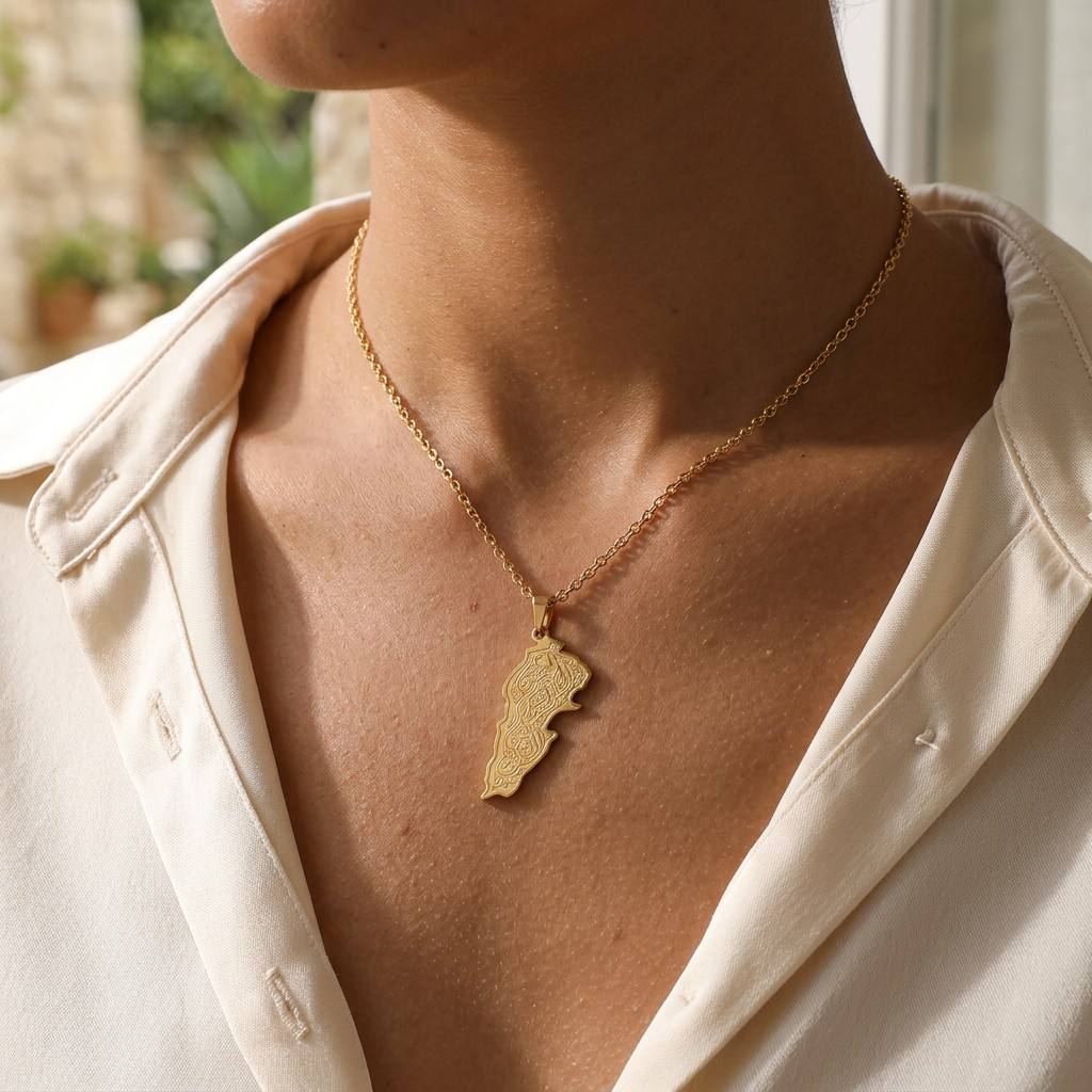 CIGAONI Sacred Soil Gold Palestine Map Necklace Worn on Neck - Arabic Calligraphy 316L Stainless Steel