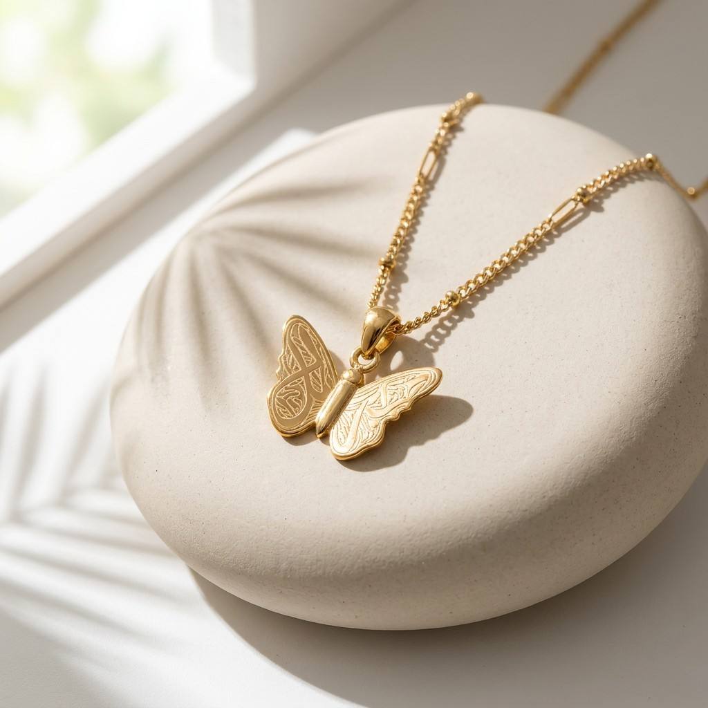 Gold butterfly pendant necklace on white ceramic display stand - CIGAONI
