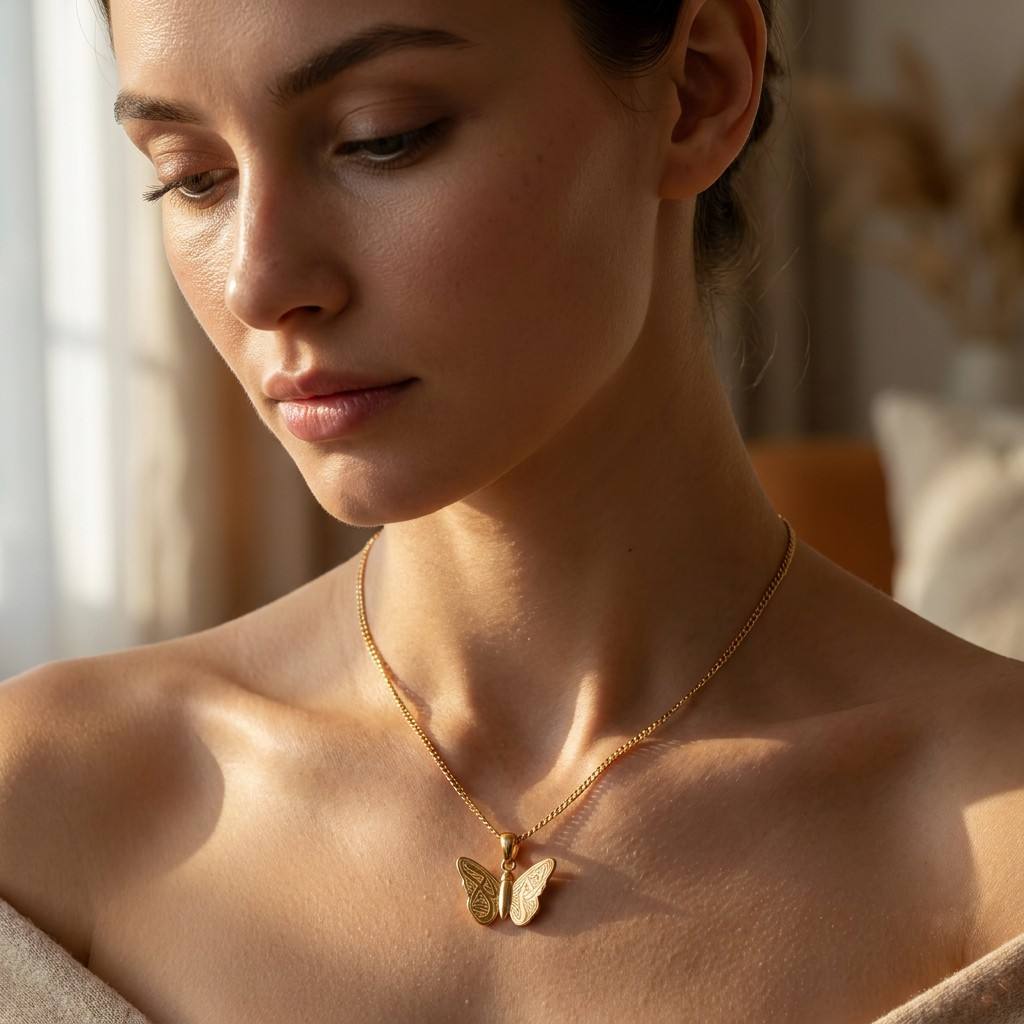 Close-up of woman wearing gold butterfly pendant necklace - CIGAONI
