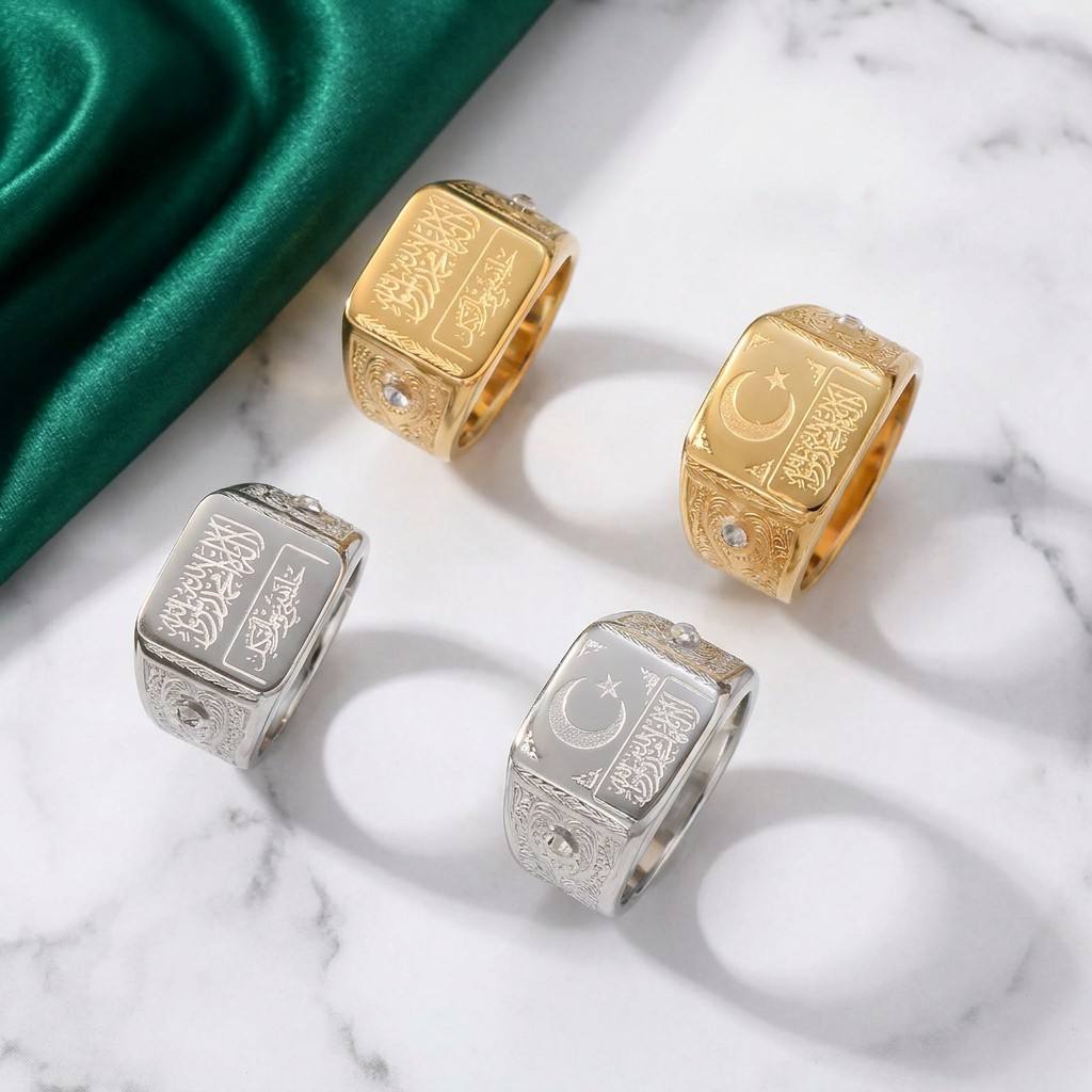 CIGAONI Sovereign Faith Signet Ring collection - gold and silver variants with Shahada calligraphy and Star Crescent design on marble surface