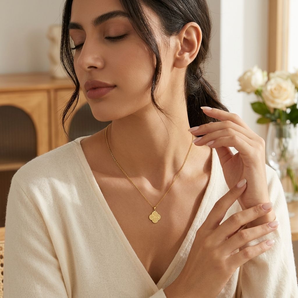 Model wearing CIGAONI gold four-leaf clover Arabic calligraphy pendant necklace