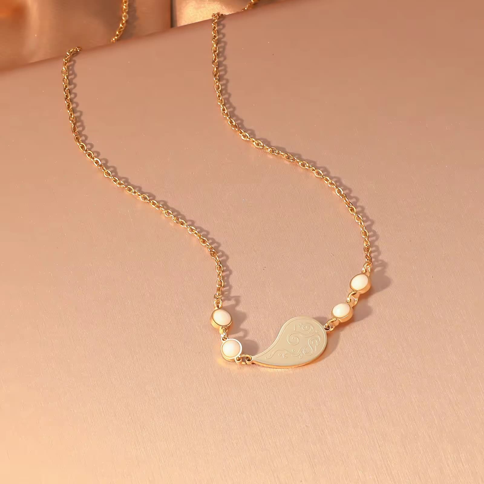 CIGAONI Dewdrop Serenity | Engraved Teardrop Pendant Necklace with Gemstone Accents - 18K Gold & Silver Stainless Steel - Blush Pink, Sapphire Blue, Pearl White & Ruby Red - Delicate Spiritual Jewelry (
