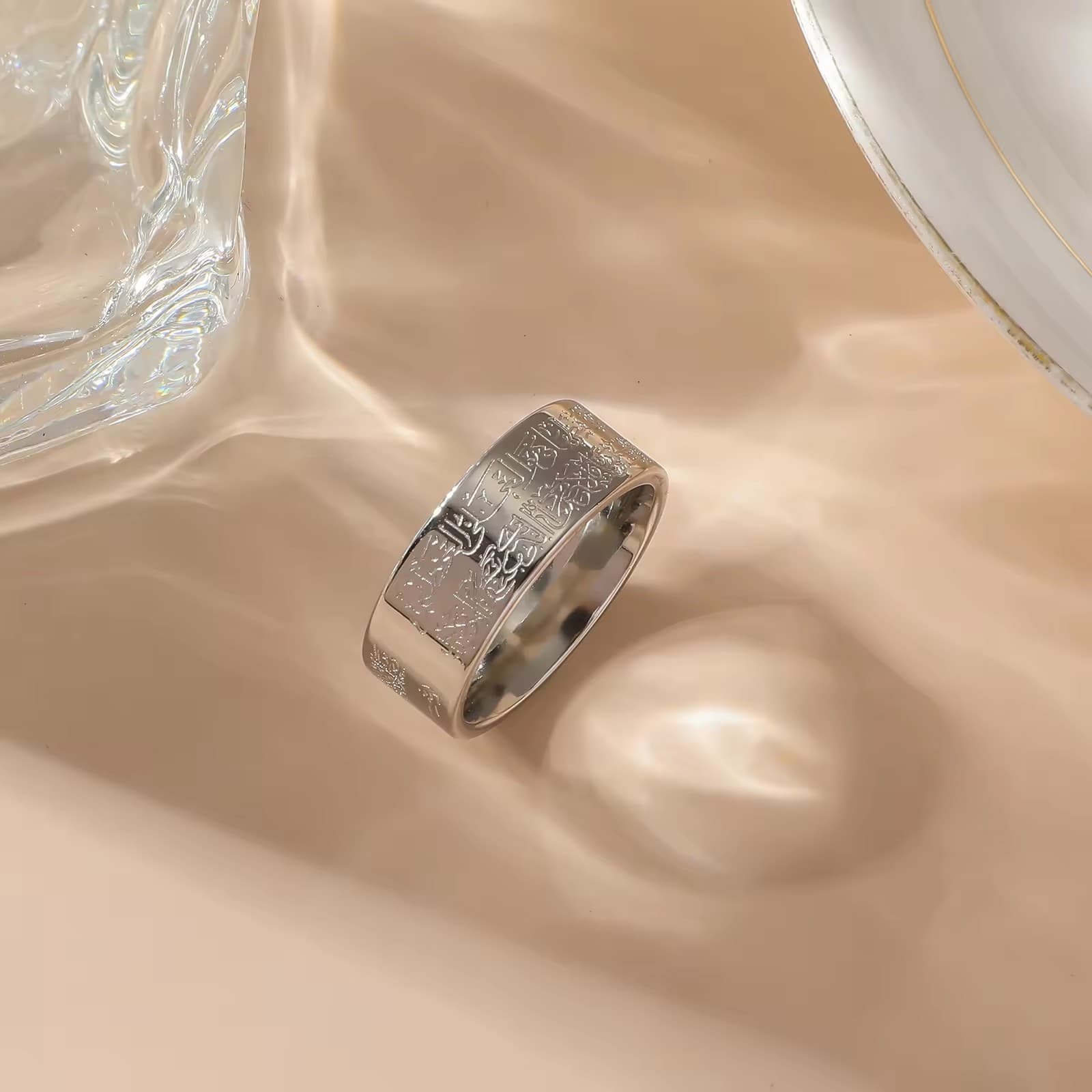 CIGAONI Ayatul Kursi Ring in Silver Tone — wide band stainless steel ring with engraved Arabic calligraphy on silk background