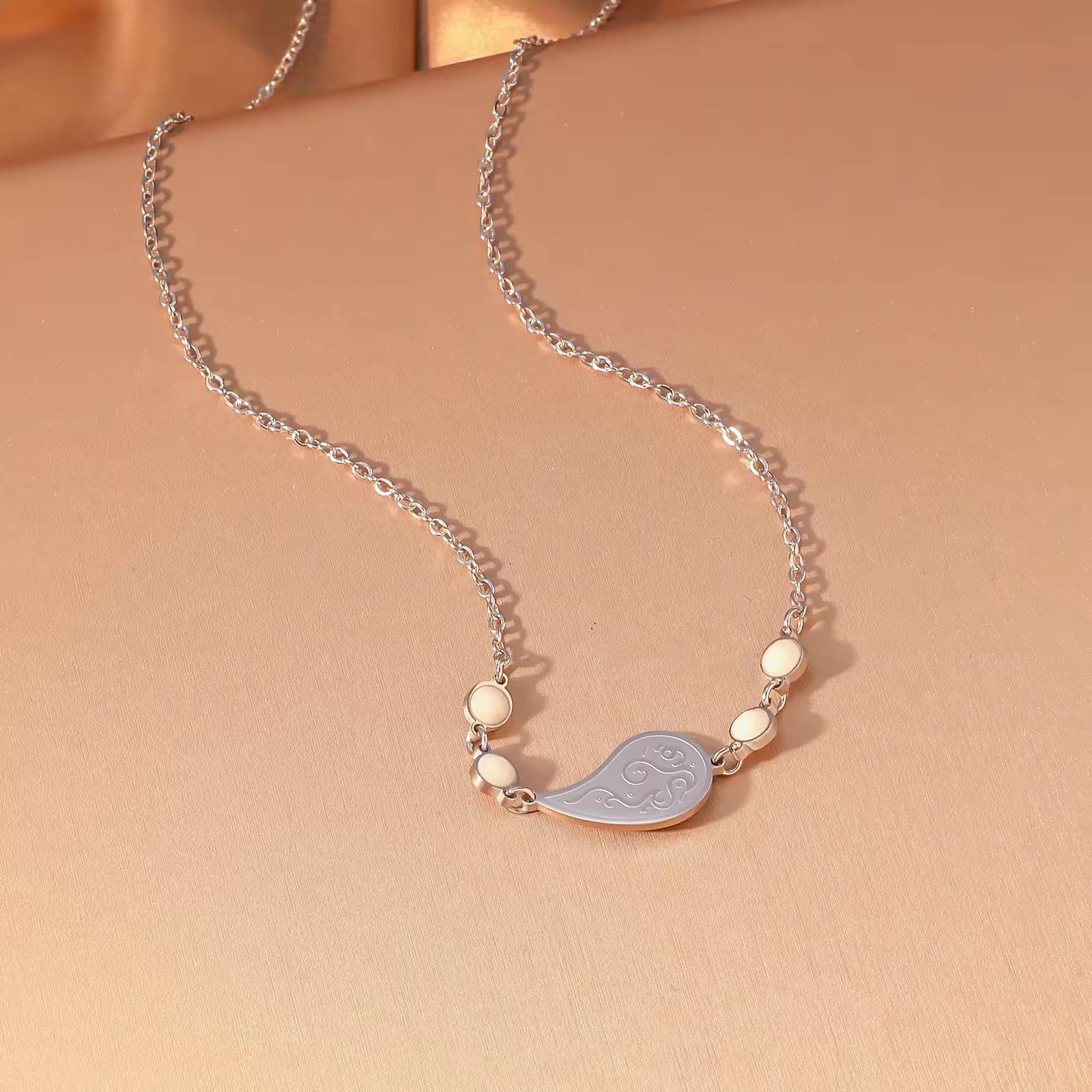 CIGAONI Dewdrop Serenity | Engraved Teardrop Pendant Necklace with Gemstone Accents - 18K Gold & Silver Stainless Steel - Blush Pink, Sapphire Blue, Pearl White & Ruby Red - Delicate Spiritual Jewelry (