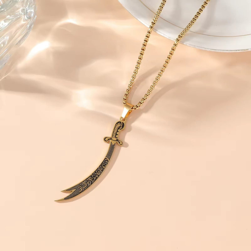 CIGAONI Sword of Valor | Zulfiqar Arabic Calligraphy Necklace - Sword of Justice Spiritual Jewelry - Masculine Faith Pendant in Gold & Silver