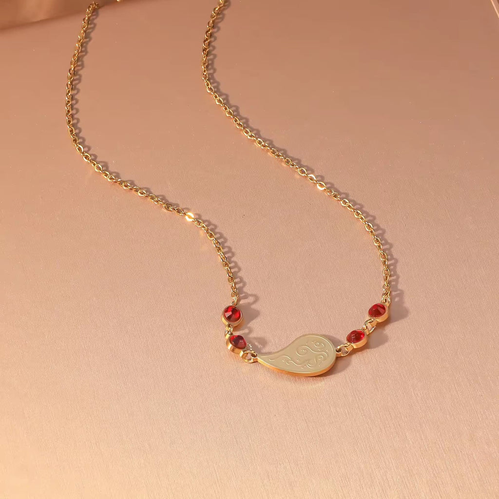 CIGAONI Dewdrop Serenity Necklace - silver teardrop pendant with red zircon accent on polished stainless steel chain