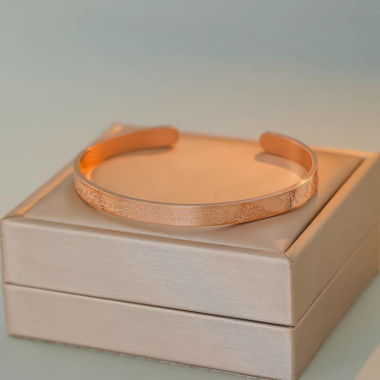 Blushing Rose Gold Sacred Guardian Cuff - Handcrafted Arabic calligraphy jewelry gift for her in 316L stainless steel

