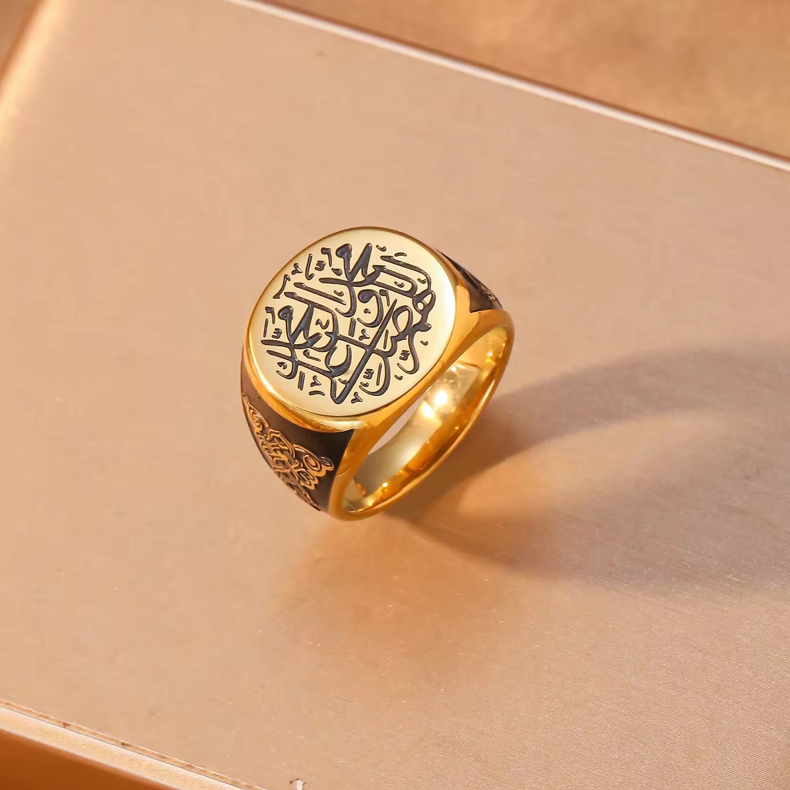 CIGAONI Men's Ayatul Kursi Signet Ring - Round Gold Islamic Protection Jewelry