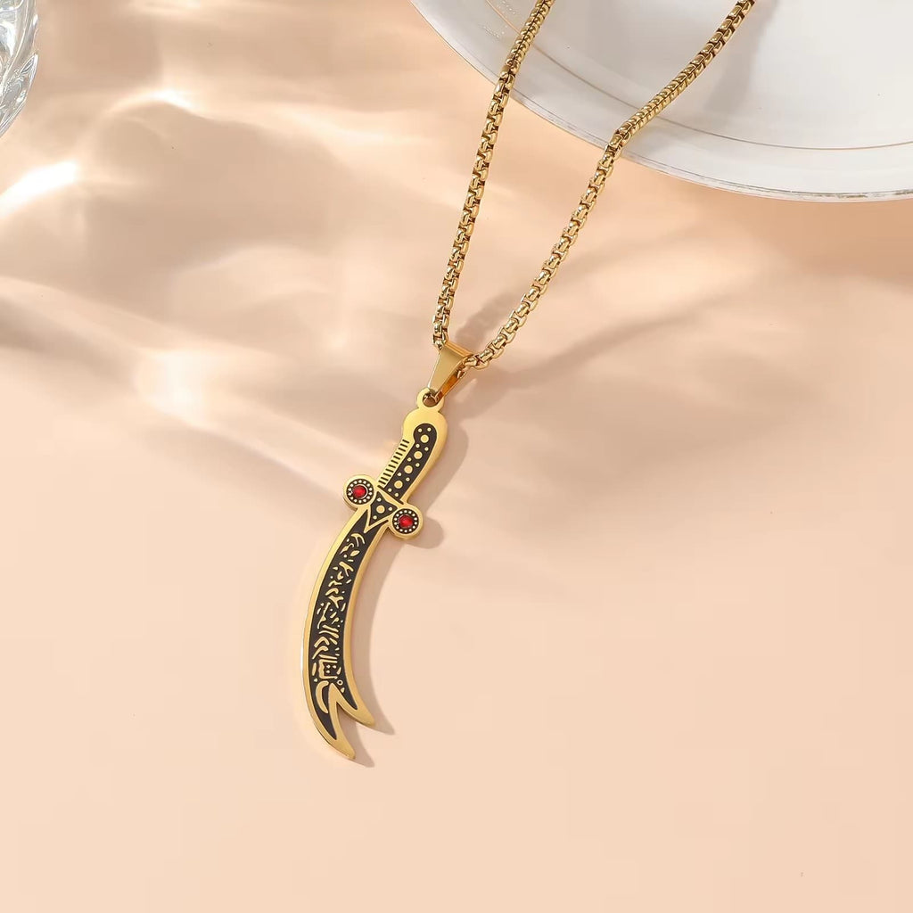 CIGAONI Sword of Valor | Zulfiqar Arabic Calligraphy Necklace - Sword of Justice Spiritual Jewelry - Masculine Faith Pendant in Gold & Silver
