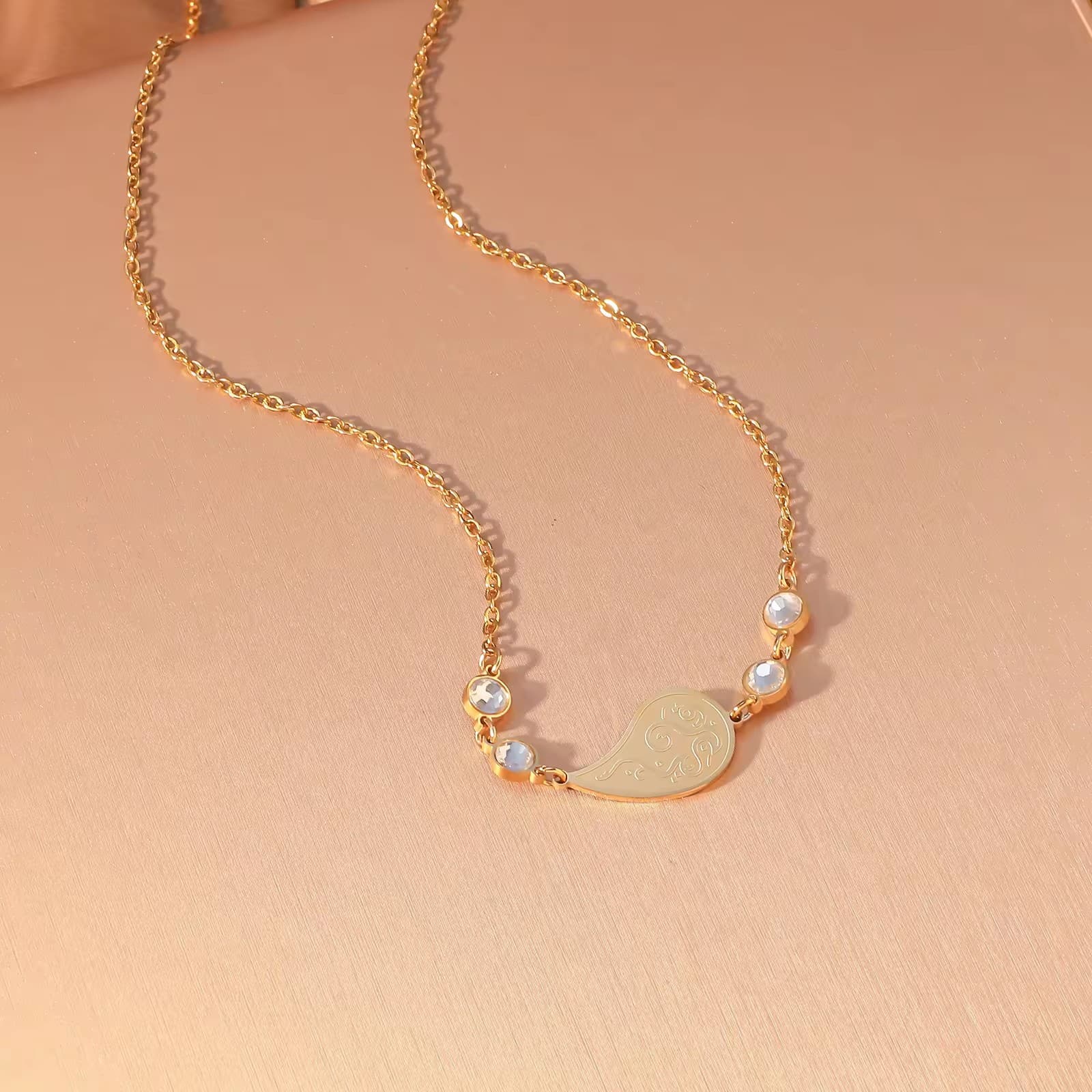 CIGAONI Dewdrop Serenity | Engraved Teardrop Pendant Necklace with Gemstone Accents - 18K Gold & Silver Stainless Steel - Blush Pink, Sapphire Blue, Pearl White & Ruby Red - Delicate Spiritual Jewelry (
