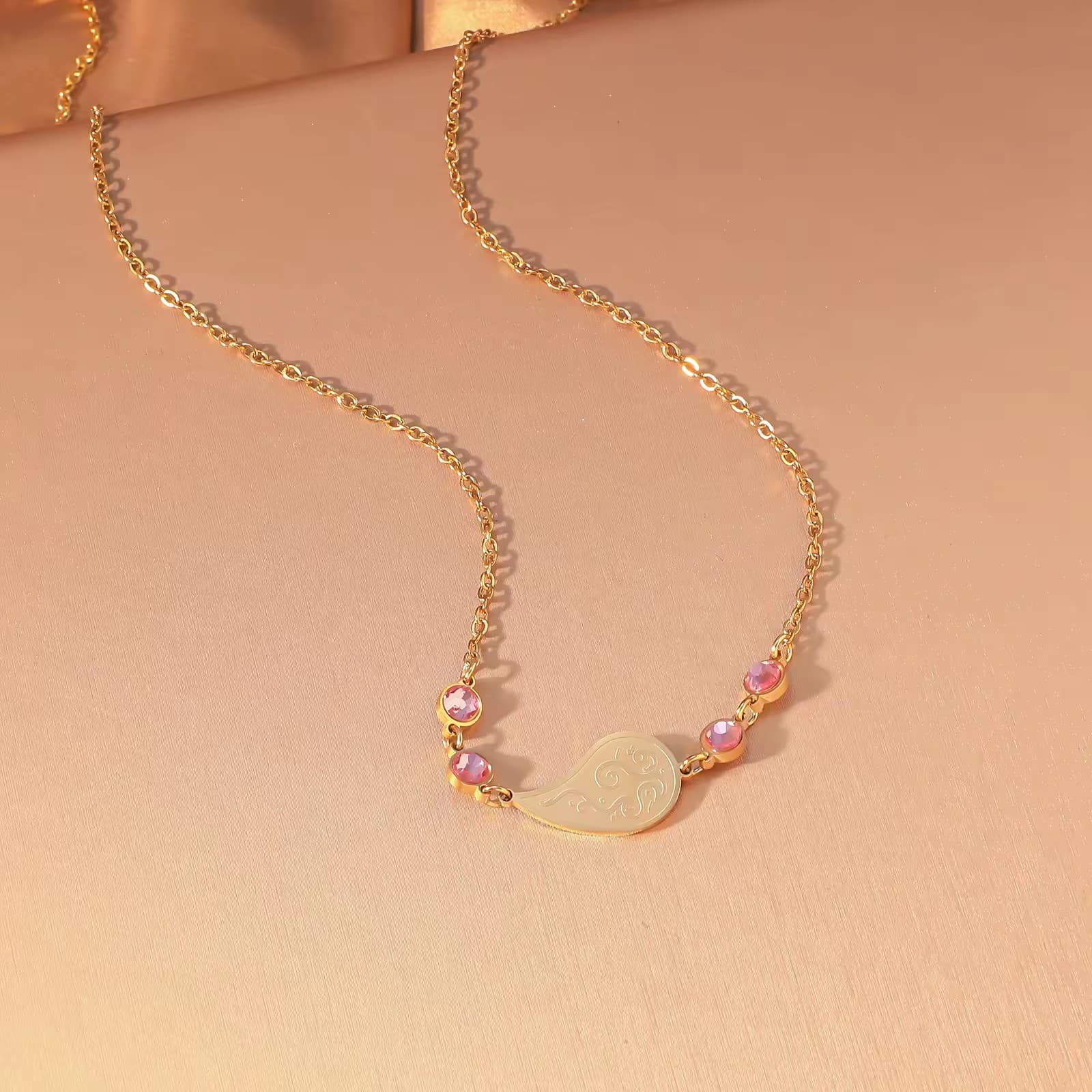 CIGAONI Dewdrop Serenity | Engraved Teardrop Pendant Necklace with Gemstone Accents - 18K Gold & Silver Stainless Steel - Blush Pink, Sapphire Blue, Pearl White & Ruby Red - Delicate Spiritual Jewelry (