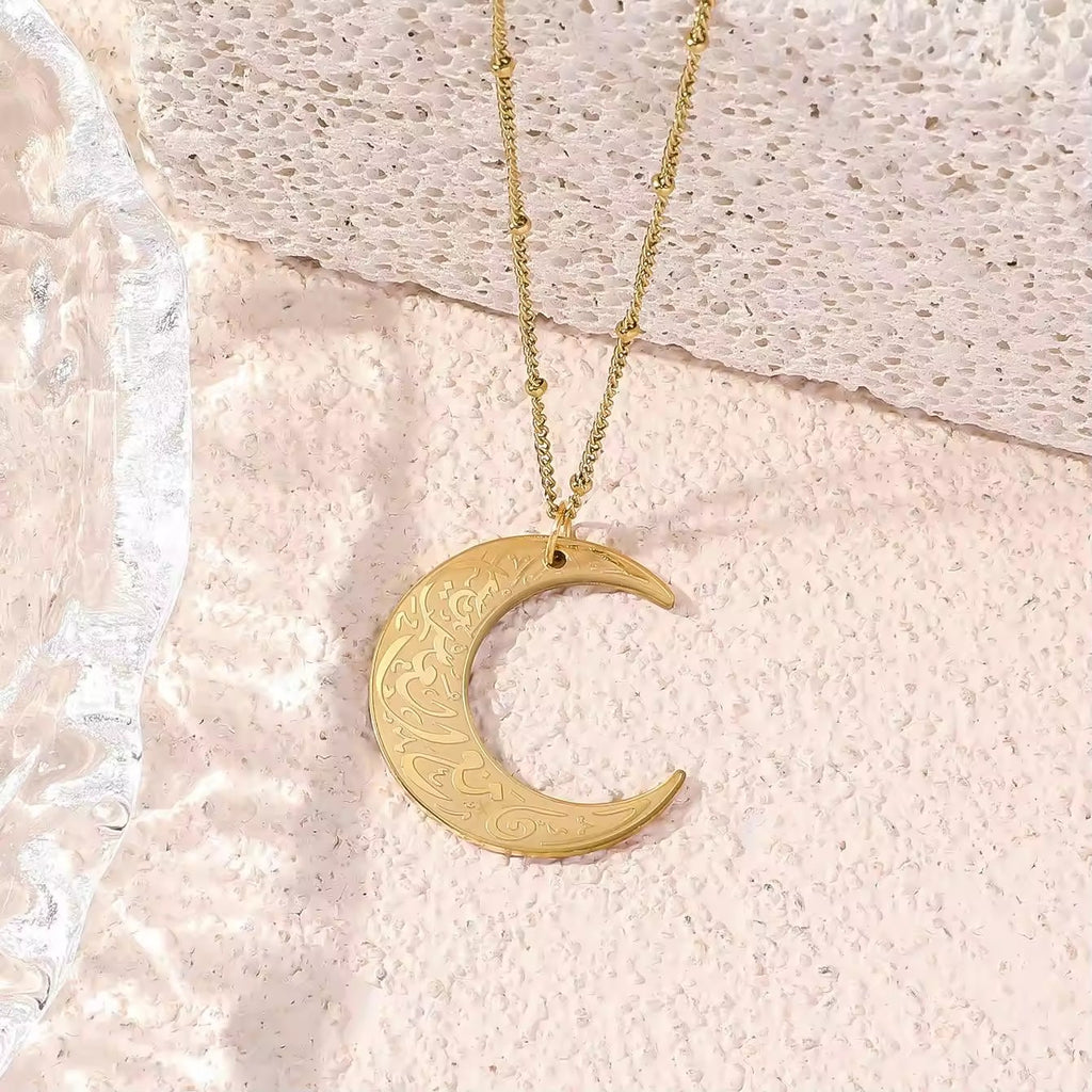 18K Gold Plated Crescent Moon Necklace - Durable stainless steel Islamic calligraphy jewelry with adjustable chain