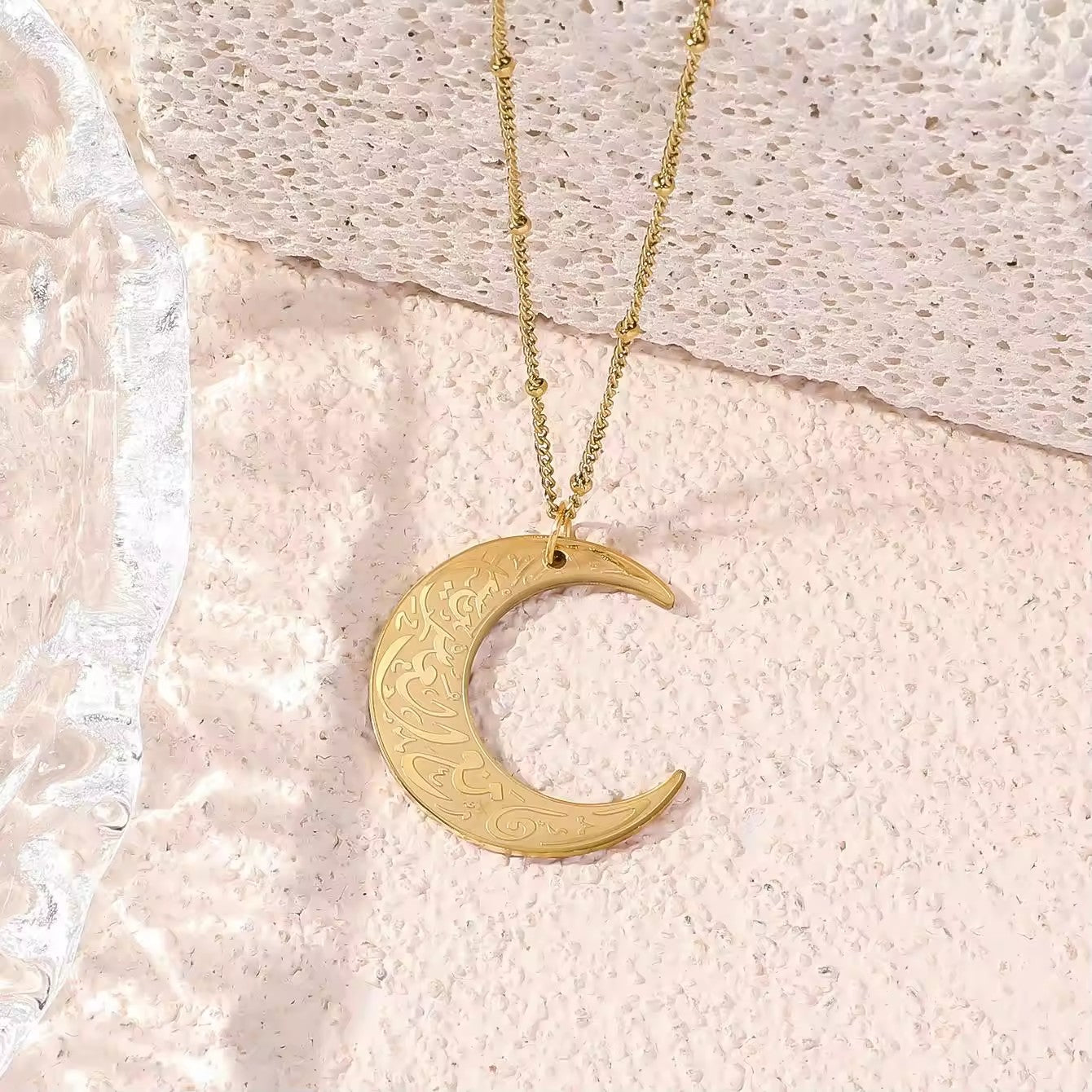 18K Gold Plated Crescent Moon Necklace - Durable stainless steel Islamic calligraphy jewelry with adjustable chain