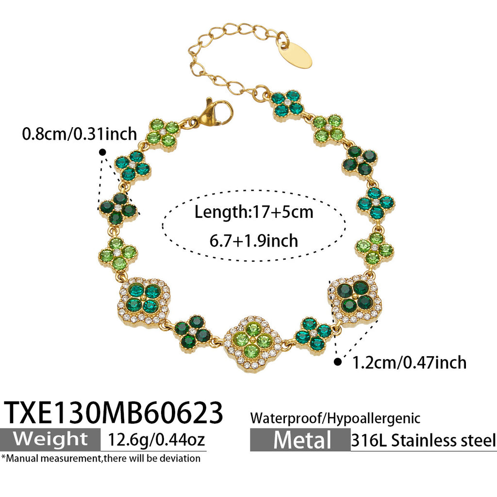 CIGAONI Clover Cascade Green Bracelet – Four-Leaf Clover Links with Emerald and Peridot Cubic Zirconia, 18K Gold Plated, 316L Stainless Steel, Adjustable 17+5cm