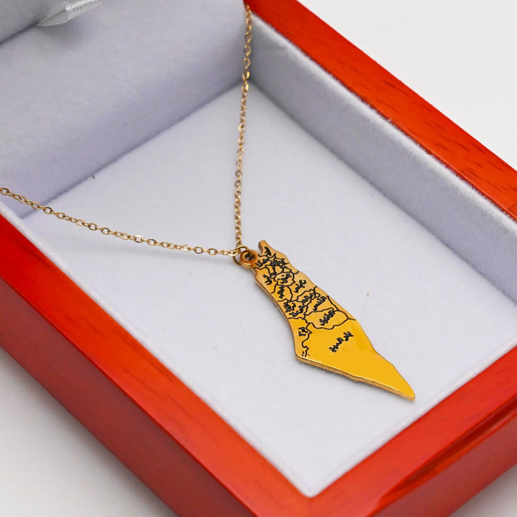 Gold Palestine map necklace with flag colors detail in red gift box - CIGAONI