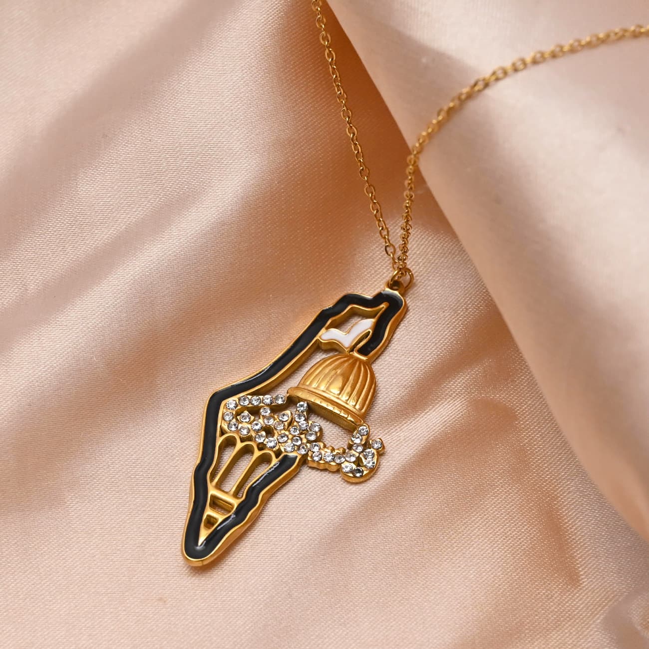 Handcrafted Palestine map pendant necklace with crystal details on pink silk - CIGAONI