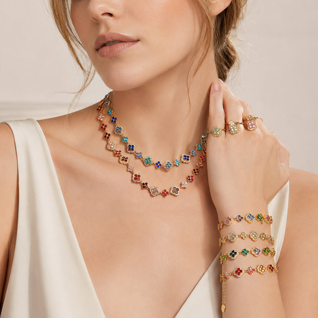 CIGAONI Clover Cascade – Layered Necklace and Bracelet Set with Four-Leaf Clover Motif, 18K Gold Plated