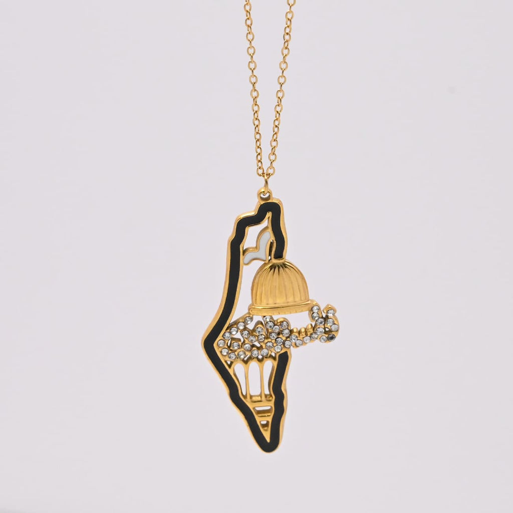Palestine map outline gold pendant necklace on textured background - CIGAONI