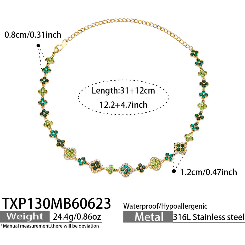 CIGAONI Clover Cascade Green Necklace – Four-Leaf Clover Chain with Emerald and Peridot Cubic Zirconia, 18K Gold Plated, 316L Stainless Steel, Adjustable 31+12cm