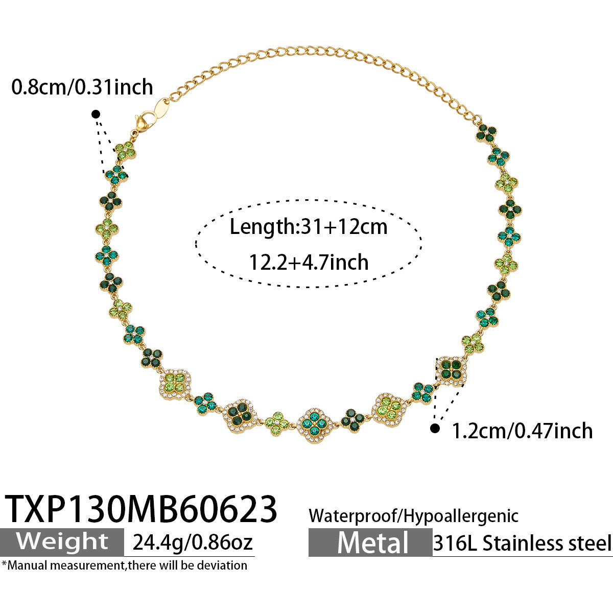 CIGAONI Clover Cascade Green Necklace – Four-Leaf Clover Chain with Emerald and Peridot Cubic Zirconia, 18K Gold Plated, 316L Stainless Steel, Adjustable 31+12cm