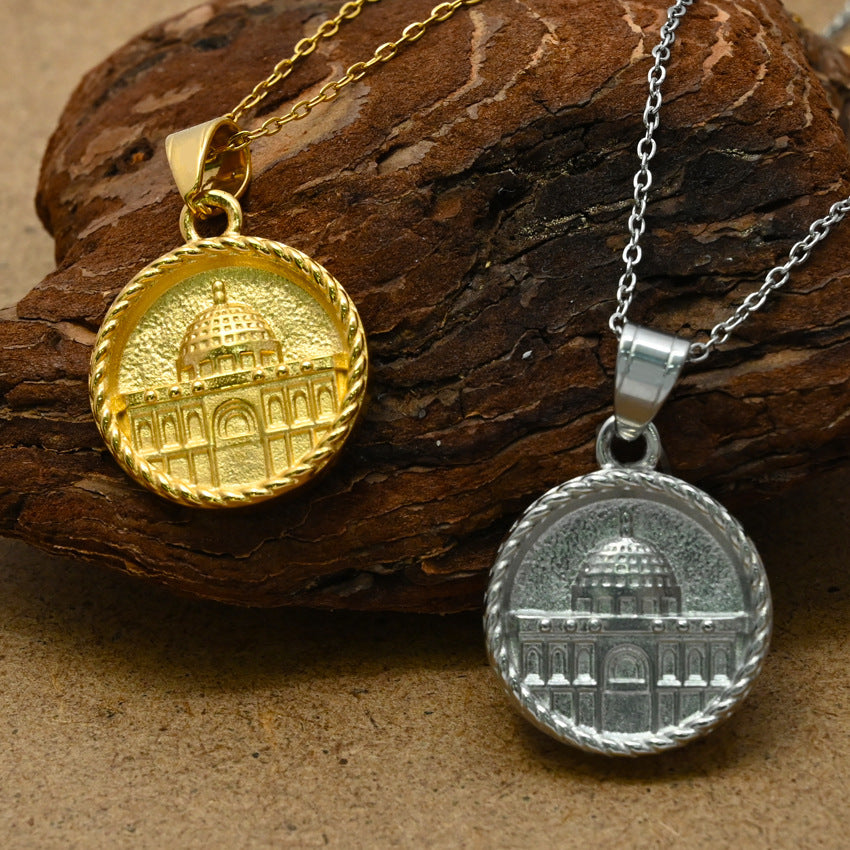 Silver coin pendant necklace with engraved design, minimalist luxury style