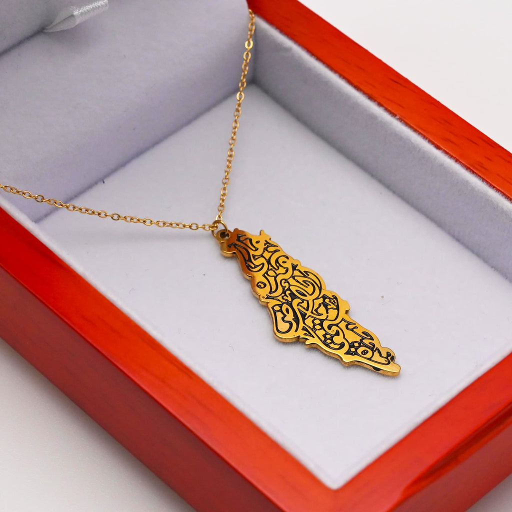 Gold Palestine map silhouette necklace with chain in red gift box - CIGAONI