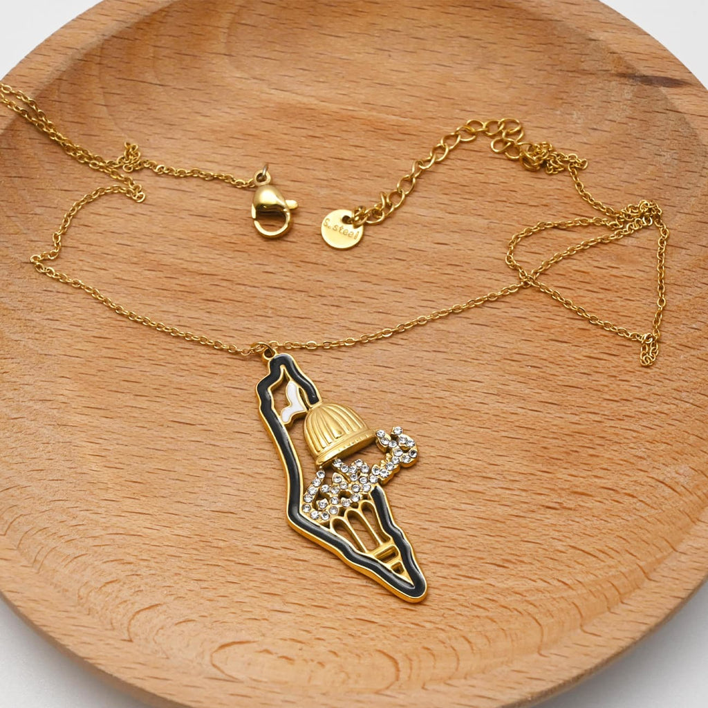 Palestine map pendant necklace close-up showing gold chain detail - CIGAONI