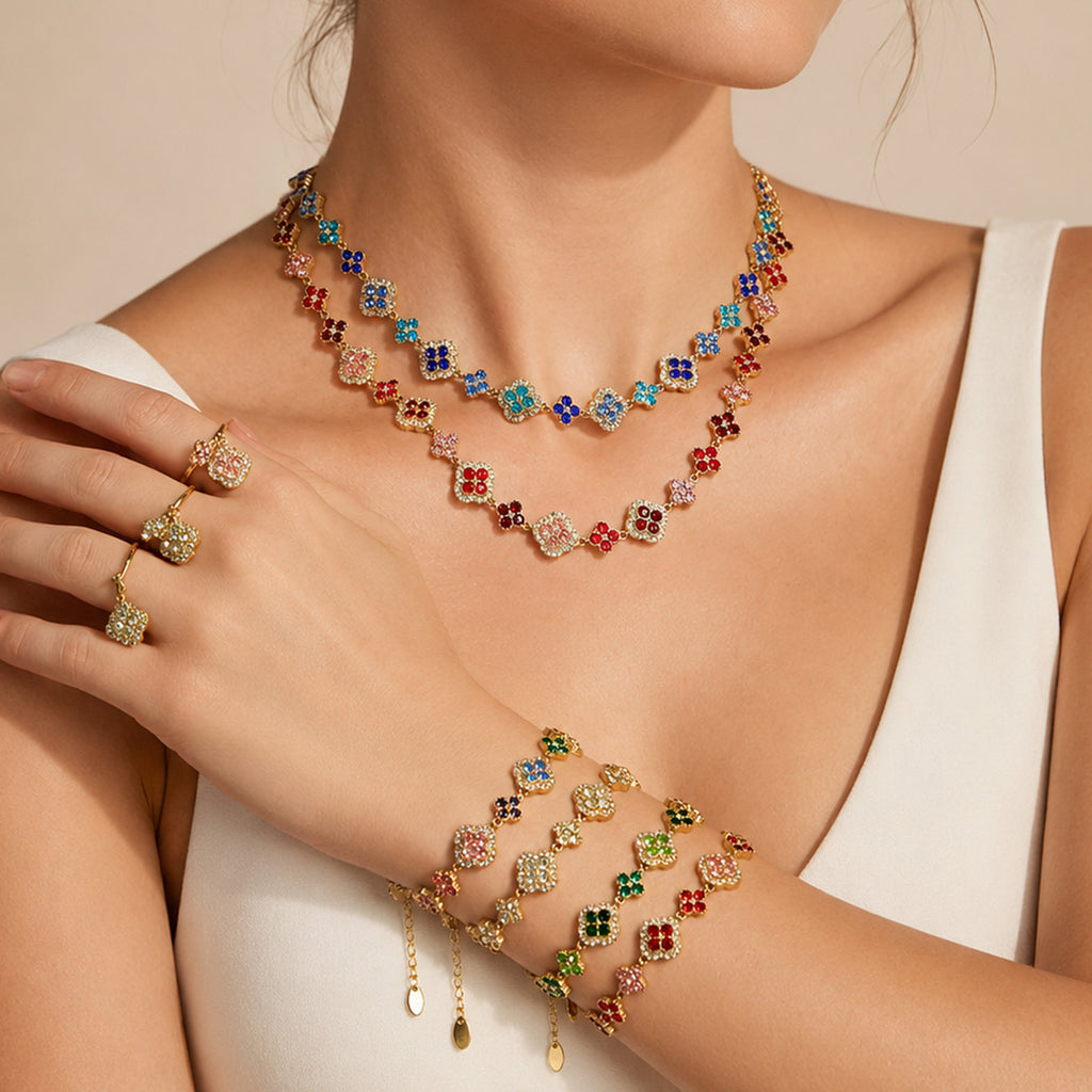 CIGAONI Clover Cascade Set – Full 9-Piece Layered Jewelry Collection in 18K Gold, Multicolor Zirconia