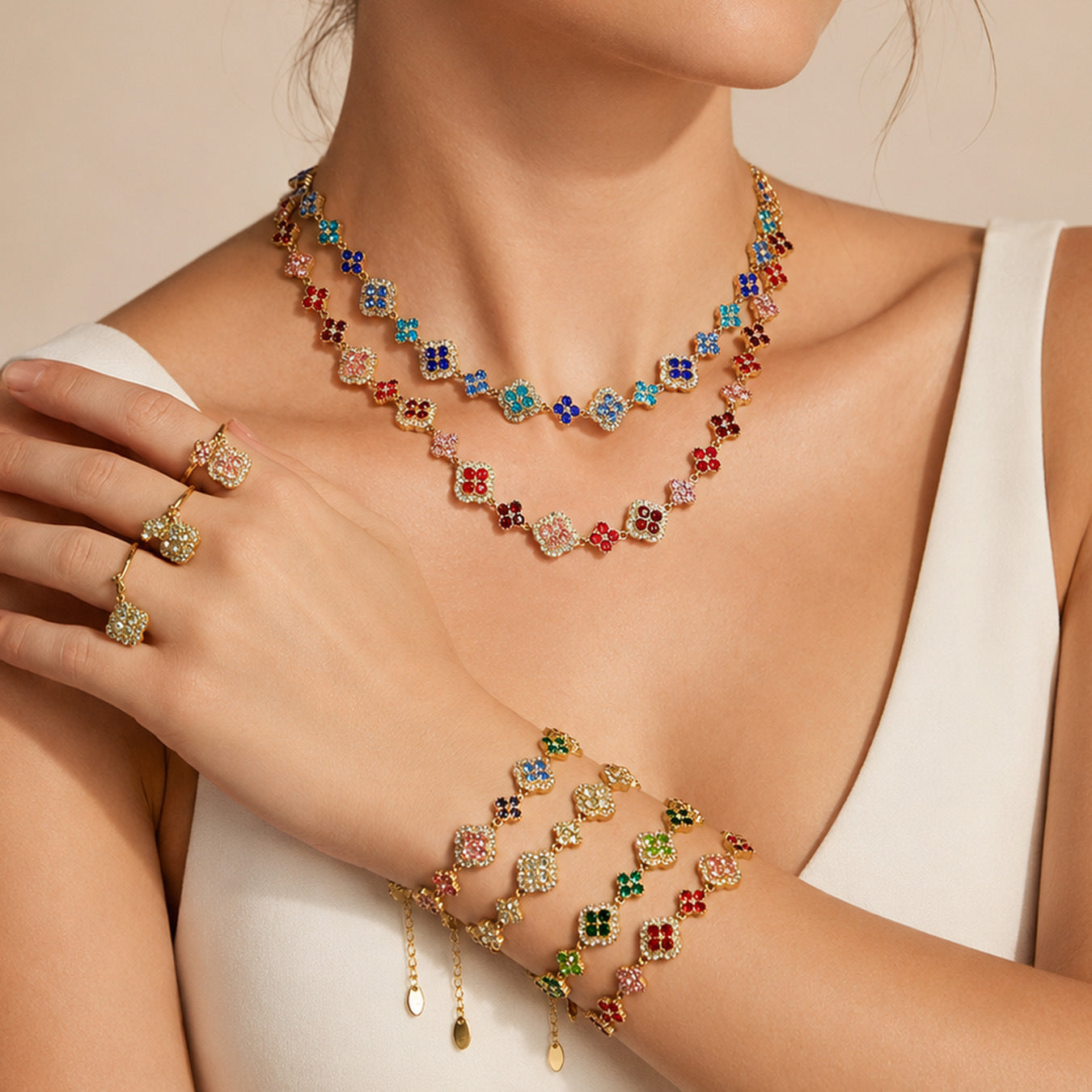 CIGAONI Clover Cascade Set – Full 9-Piece Layered Jewelry Collection in 18K Gold, Multicolor Zirconia
