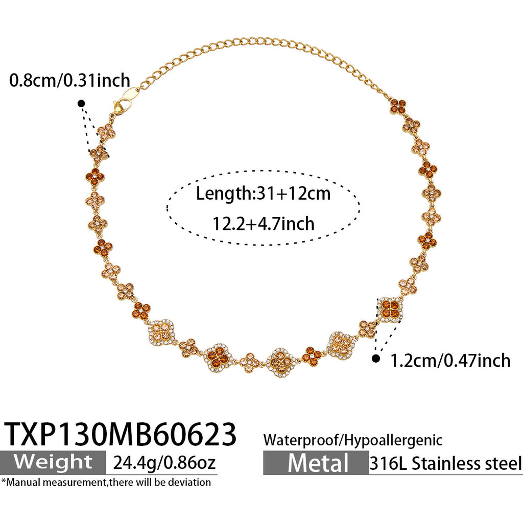 CIGAONI Clover Cascade Champagne Gold Necklace – Four-Leaf Clover Chain with Champagne and Ruby Cubic Zirconia, 18K Gold Plated, 316L Stainless Steel, Adjustable 31+12cm