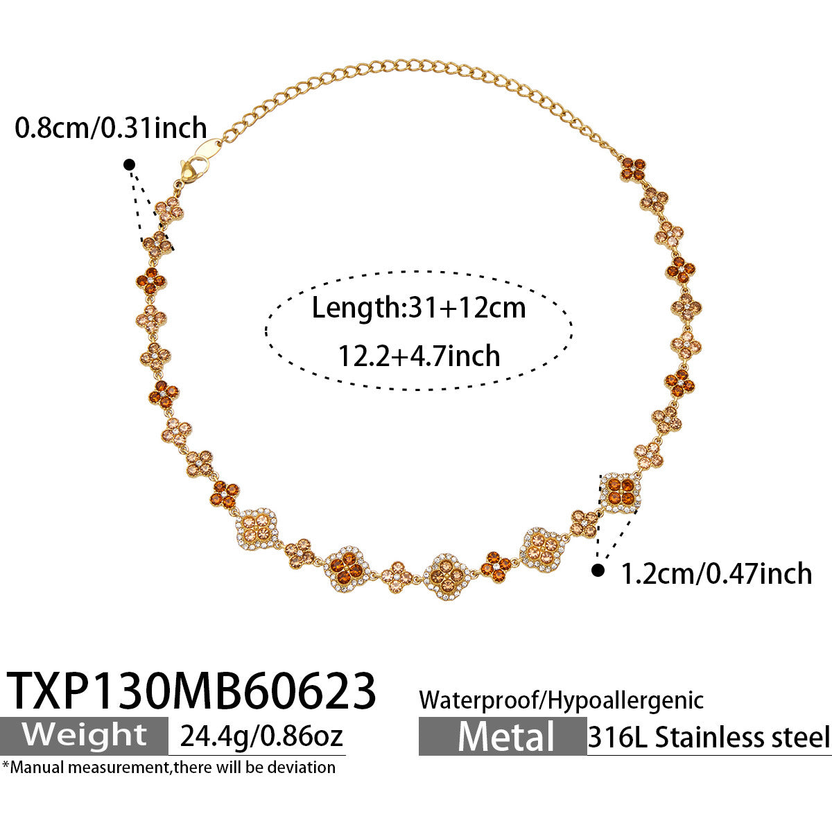 CIGAONI Clover Cascade Champagne Gold Necklace – Four-Leaf Clover Chain with Champagne and Ruby Cubic Zirconia, 18K Gold Plated, 316L Stainless Steel, Adjustable 31+12cm