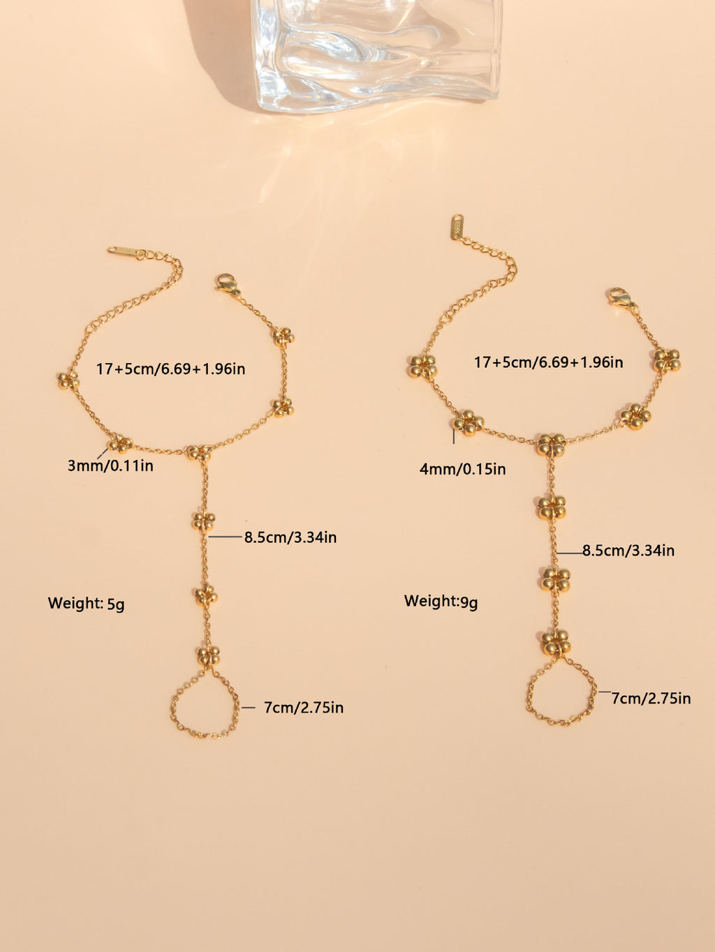 Comparison of different flower link styles for hand harness - Handcrafted stainless steel jewelry for women

