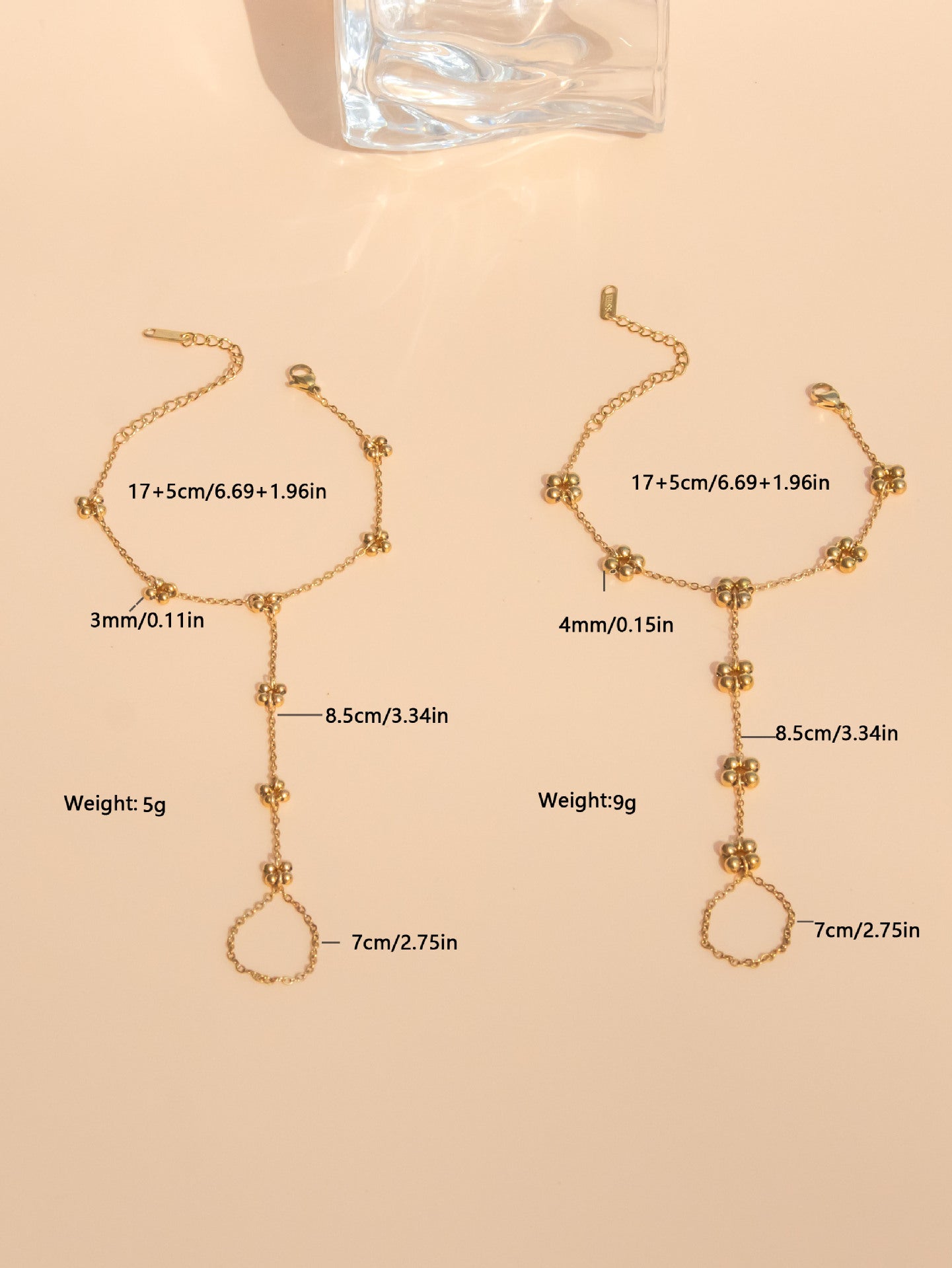 Comparison of different flower link styles for hand harness - Handcrafted stainless steel jewelry for women

