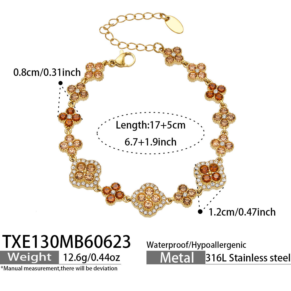 CIGAONI Clover Cascade Champagne Gold Bracelet – Four-Leaf Clover Links with Champagne and Ruby Cubic Zirconia, 18K Gold Plated, 316L Stainless Steel, Adjustable 17+5cm