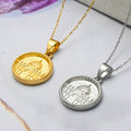 Gold and silver round coin pendant necklace with faith inscription, luxury jewelry